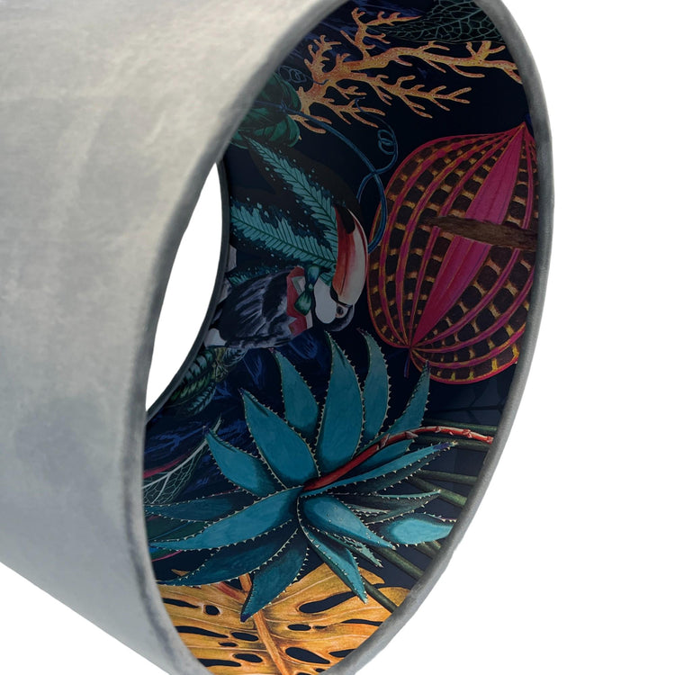 Wonderland Velvet Handmade Lampshade with Tropical Design Lining - Blue Crocus Textiles
