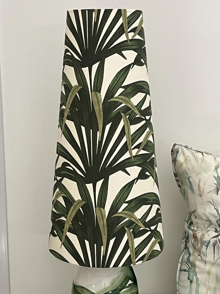 Extra Tall Conical Handmade Lampshade with a palm leaves fabric, Suitable for Table Lamp, Floor Lamp - BlueCrocusTextiles