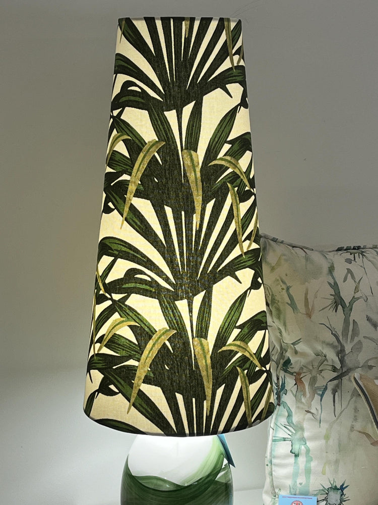 Extra Tall Conical Handmade Lampshade with a palm leaves fabric, Suitable for Table Lamp, Floor Lamp - BlueCrocusTextiles