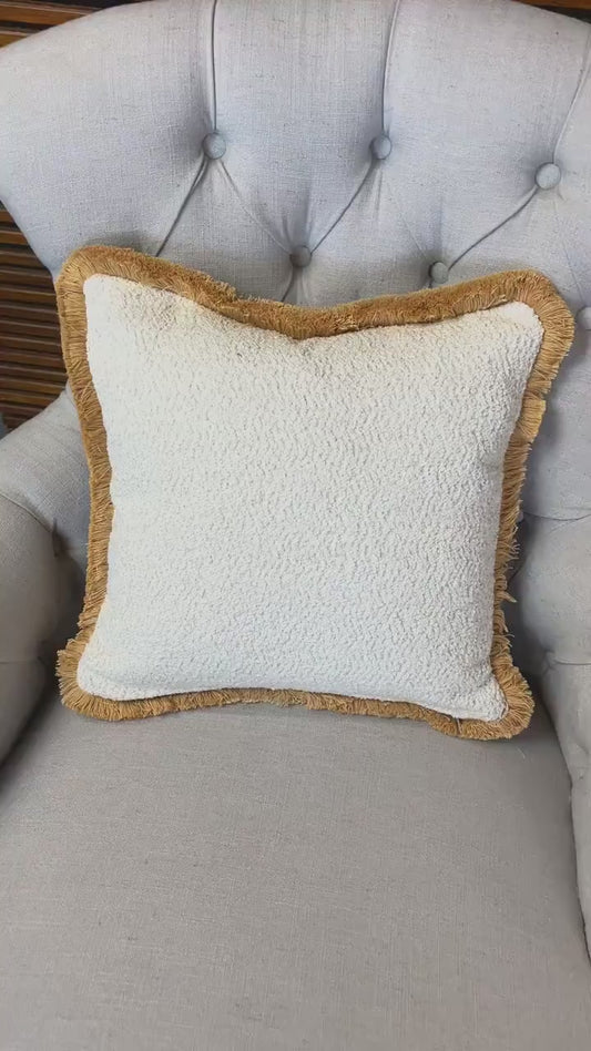 Ivory Boucle Cushion Cover with Beige Fringe