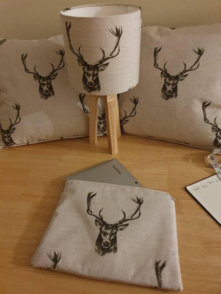 Beautiful hand made laptop tablet ipod cover sleeve case with a stylish stag head print and zipper opening - Blue Crocus Textiles