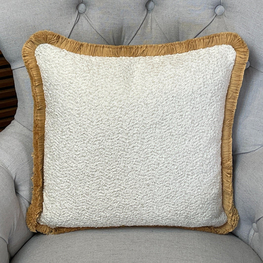 Ivory Boucle Cushion Cover with Beige Fringe - Blue Crocus Textiles