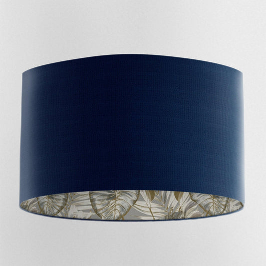 Navy Blue Velvet Lampshade with Gold & Grey Wild Lilly Lining - Blue Crocus Textiles