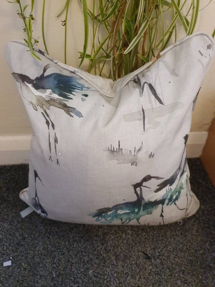 Handmade Voyage Maison crane cushion cover with Japanese inspired bird fabric and grey velvet back