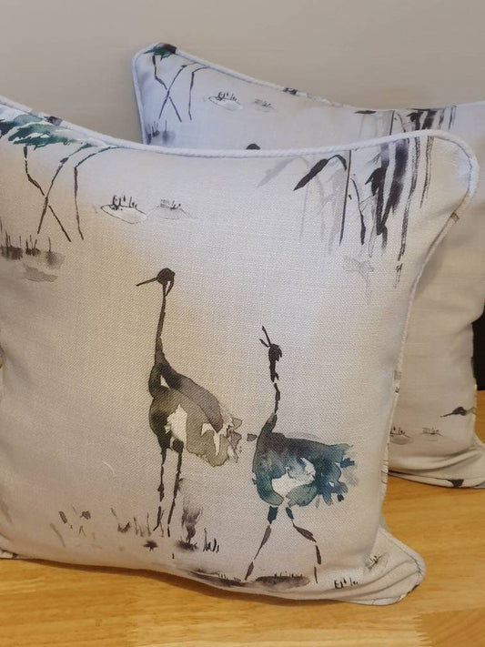 Grey and blue crane bird scatter cushion handmade in Voyage Maison Kyoto fabric