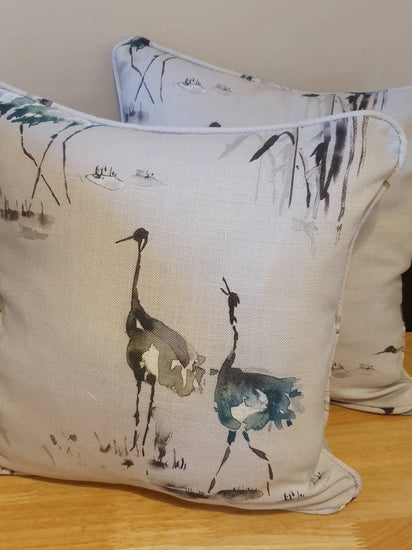 Grey and blue crane bird scatter cushion handmade in Voyage Maison Kyoto fabric