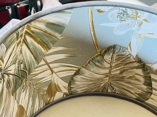 Grey Velvet Handmade Lampshade with Gold & Grey Wild Lilly Lining - Blue Crocus Textiles