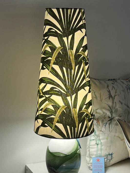 Extra Tall Conical Handmade Lampshade with a palm leaves fabric, Suitable for Table Lamp, Floor Lamp - BlueCrocusTextiles