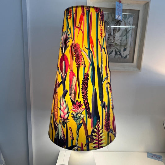 Extra Tall Conical Handmade Lampshade with Ochre Botanical fabric, Suitable for Table Lamp, Floor Lamp - BlueCrocusTextiles