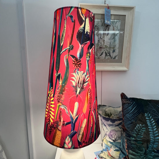 Extra Tall Conical Handmade Lampshade with Pink Botanical fabric, Suitable for Table Lamp, Floor Lamp - BlueCrocusTextiles