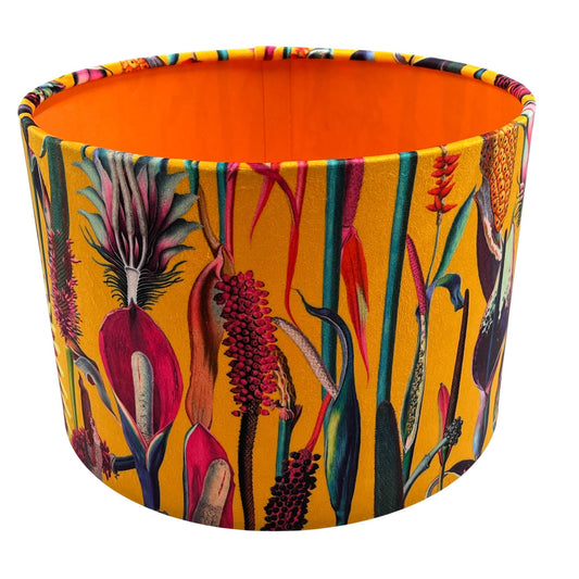 Botanical Velvet Lampshade with Mustard Gold Lining in Sunburst (Orange) colour, Handmade Lampshades, Table Lampshades - BlueCrocusTextiles