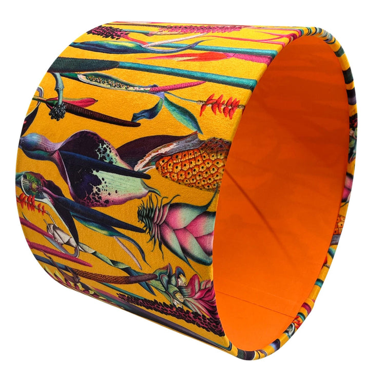 Botanical Velvet Lampshade with Mustard Gold Lining in Sunburst (Orange) colour, Handmade Lampshades, Table Lampshades - BlueCrocusTextiles