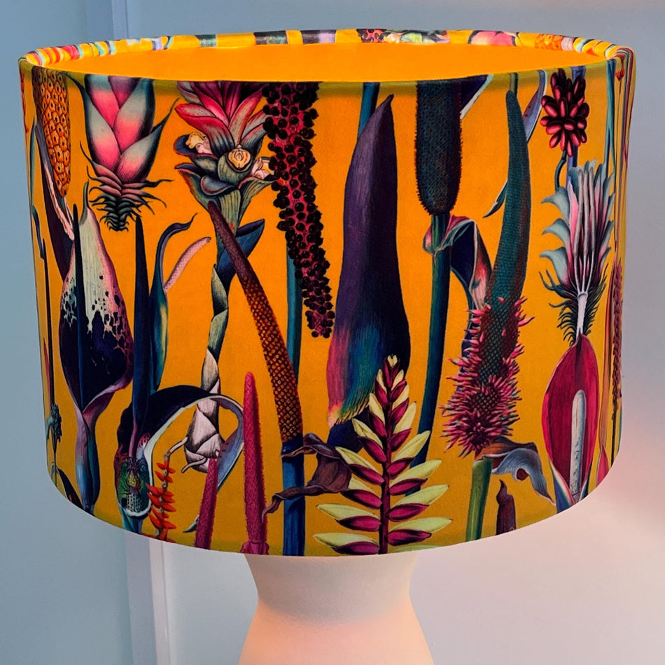 Botanical Velvet Lampshade with Mustard Gold Lining in Sunburst (Orange) colour, Handmade Lampshades, Table Lampshades - BlueCrocusTextiles