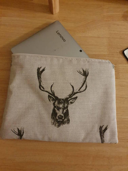 Beautiful hand made laptop tablet ipod cover sleeve case with a stylish stag head print and zipper opening - Blue Crocus Textiles